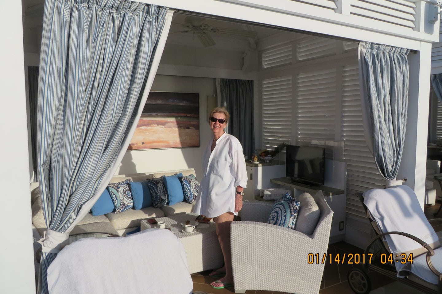 Jan in our cabana in The Sanctuary on Island Princess. Early in the day we