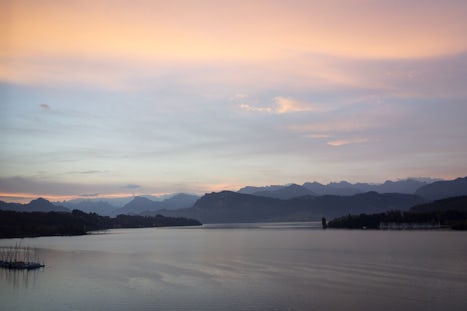 Sunrise over Lake Lucerne, taken from our hotel room window, during our pos