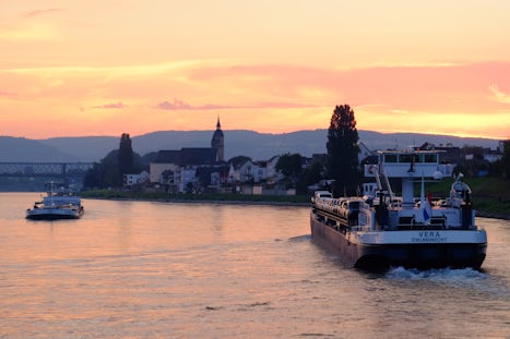 Traveling on the Rhine River at daybreak.
