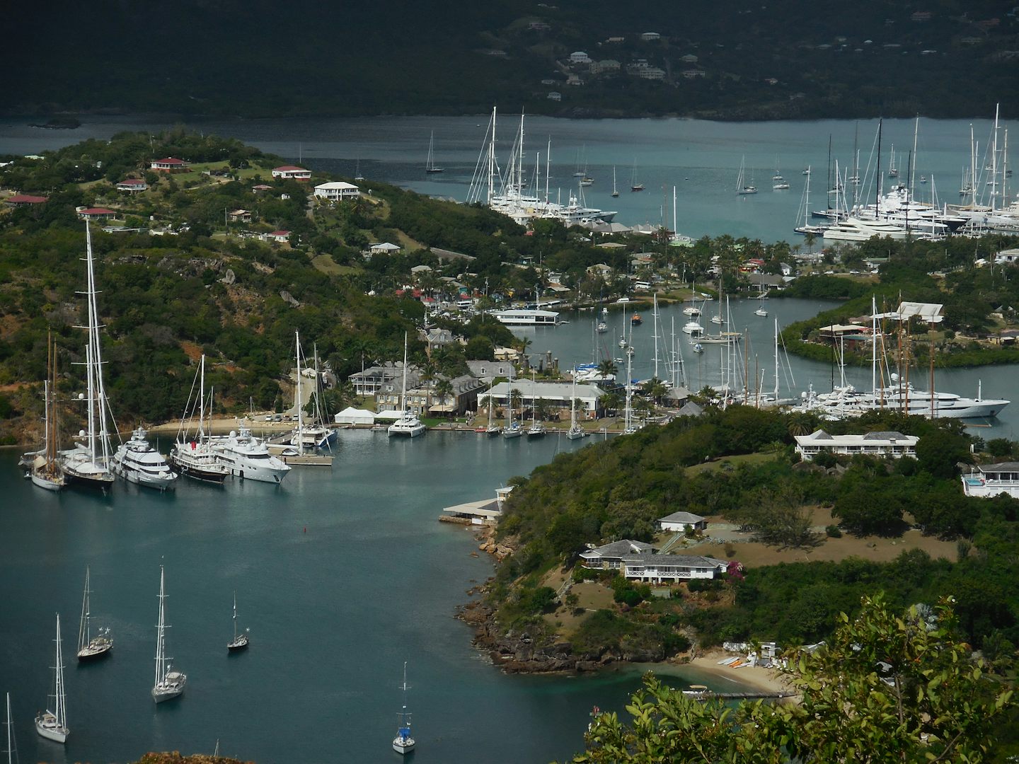 The historic Nelson British Naval Dockyards seen from high in the hills abo