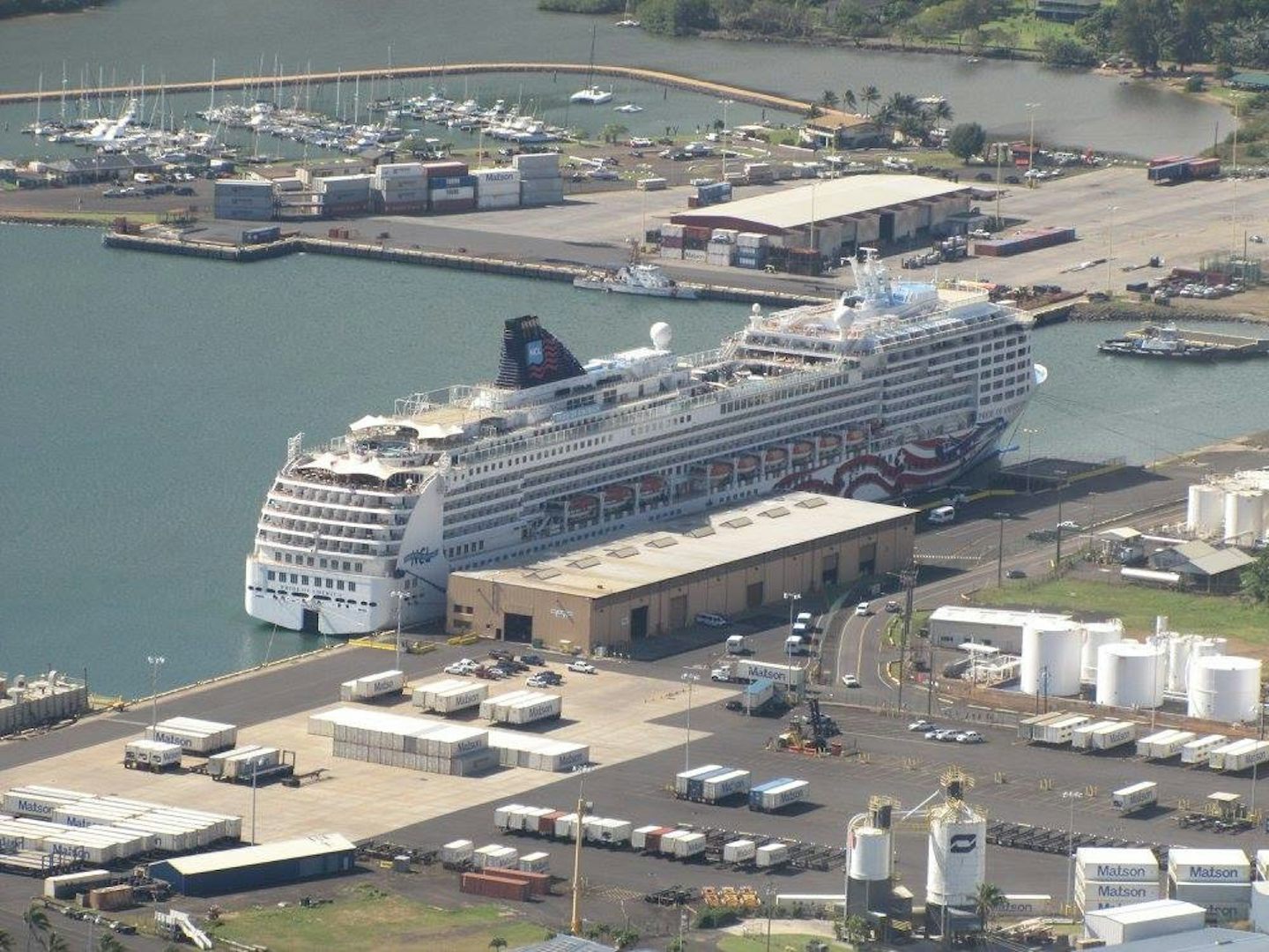 Ship docked at Kawai viewed from helicopter ride.