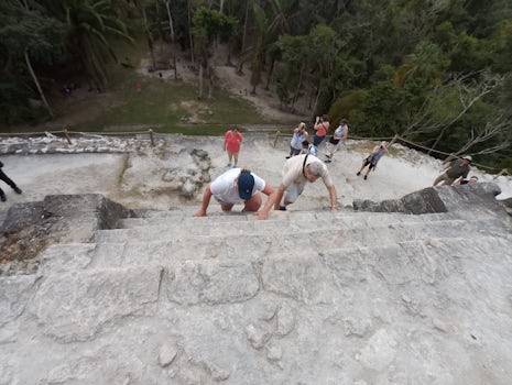 Climbing the Mayan Ruins at Lamanai.