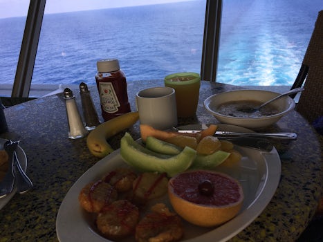 Breakfast in dining area at very rear of the Lido deck--great views, no cro