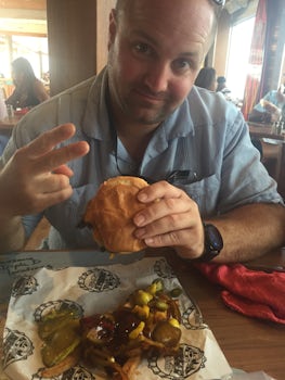 Tearing into one of Guy's Burgers on Carnival Liberty