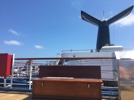This is a view from the aft facing forward on the deck above the aft pool a