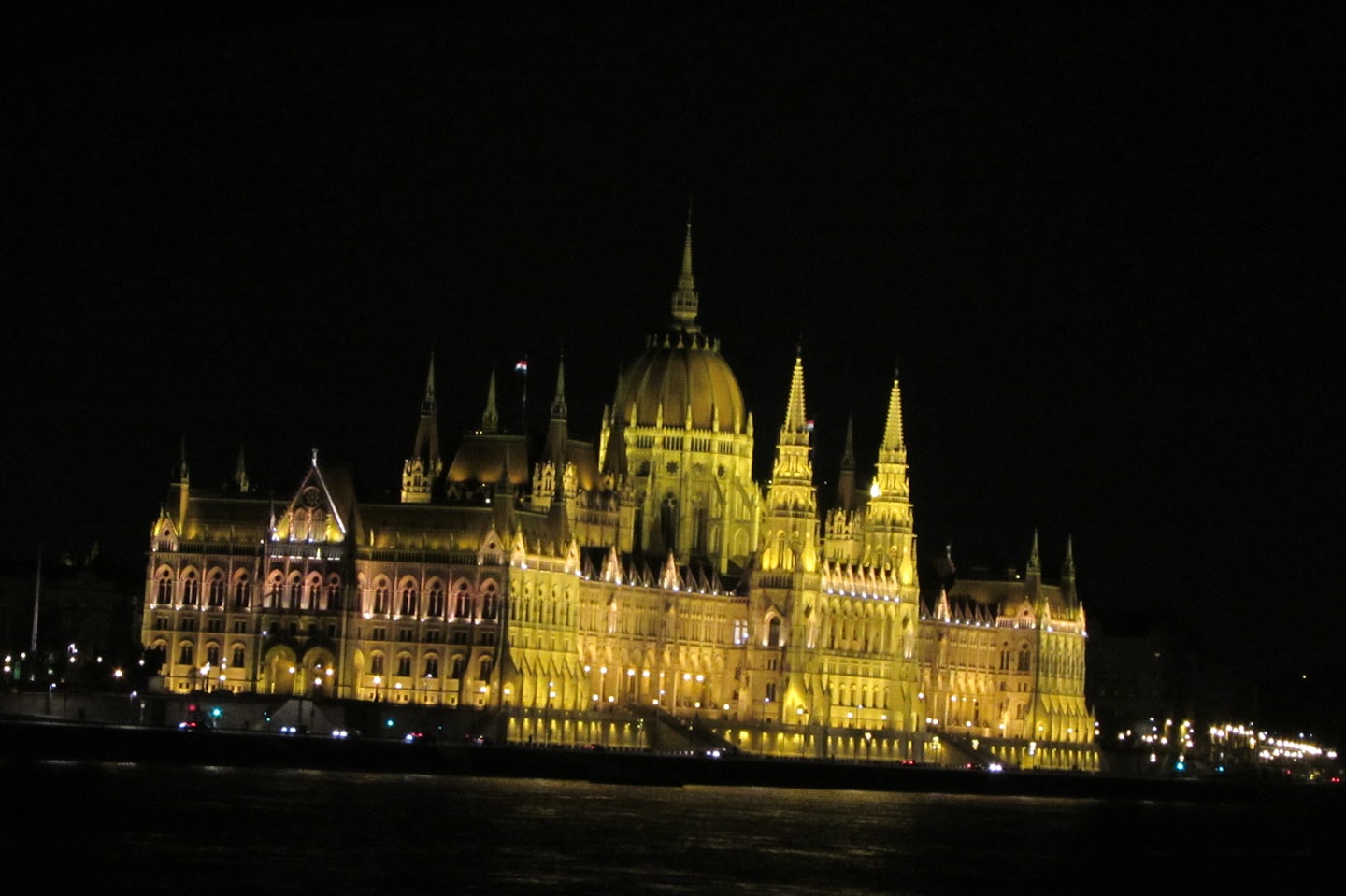Budapest Parliament. Sailing in at night.