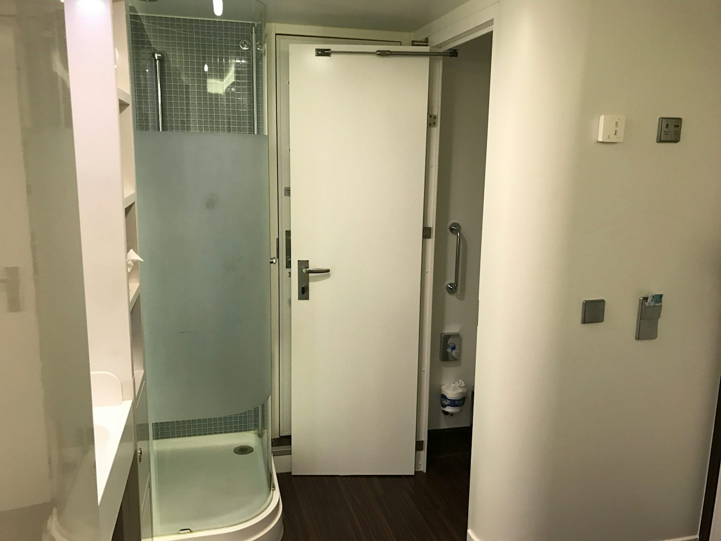 View of shower from bed