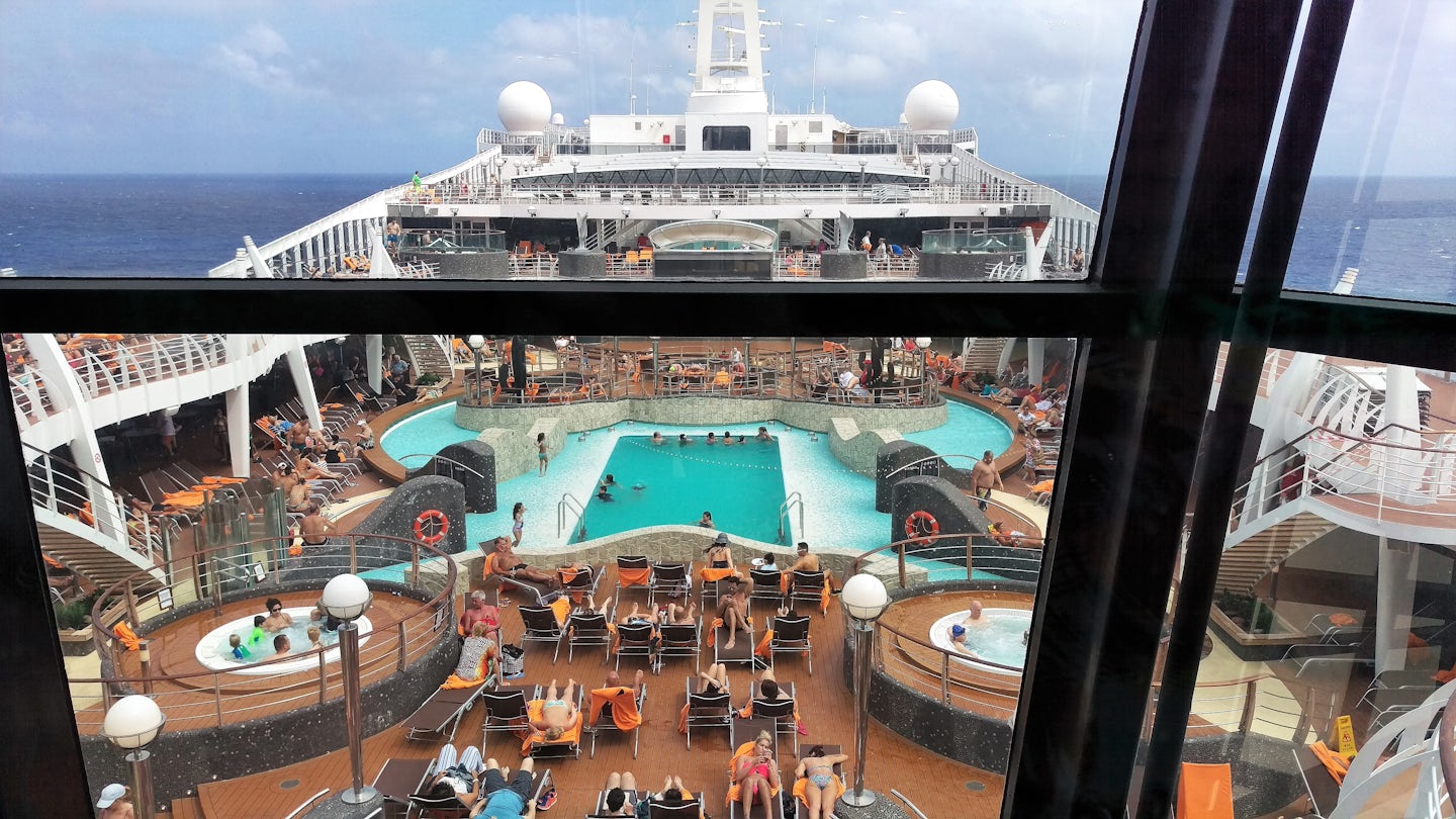 View from elevator of deck 14 pool