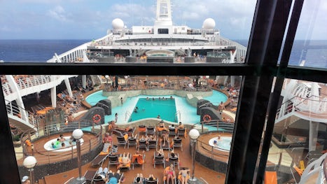 View from elevator of deck 14 pool