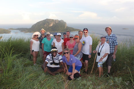 Our hiking group near Ratu Namasi school with a peek of the boat in the bac