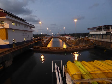 Crossin Panama Canal, Gatun Locks at sunset