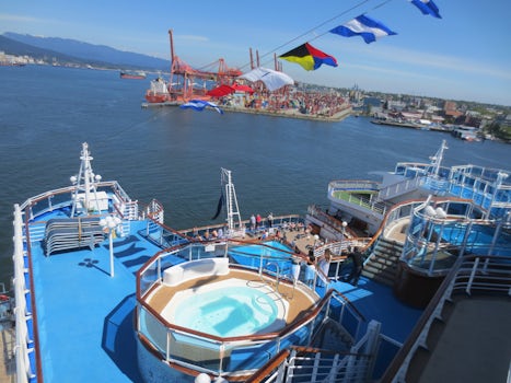 View of pool and hot tub from the top aft of ship