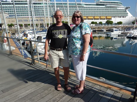 Sue and I in Vigo, Spain. The 'Navvy' in the background.
