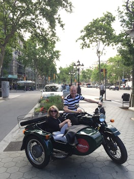 Getting ready to do a motorcycle sidecar tour of Barcelona.  (Photo taken by actual driver)