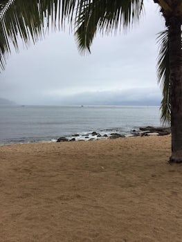 A picture of the North Shore on Oahu on a rainy day.