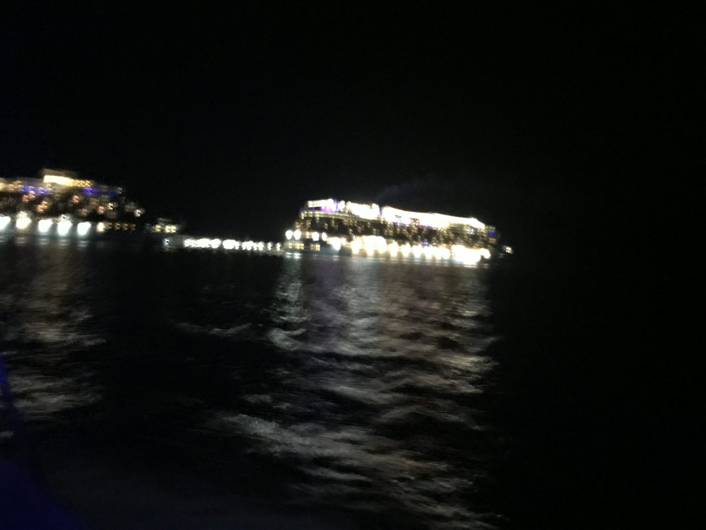 Night view of Breakaway in port.