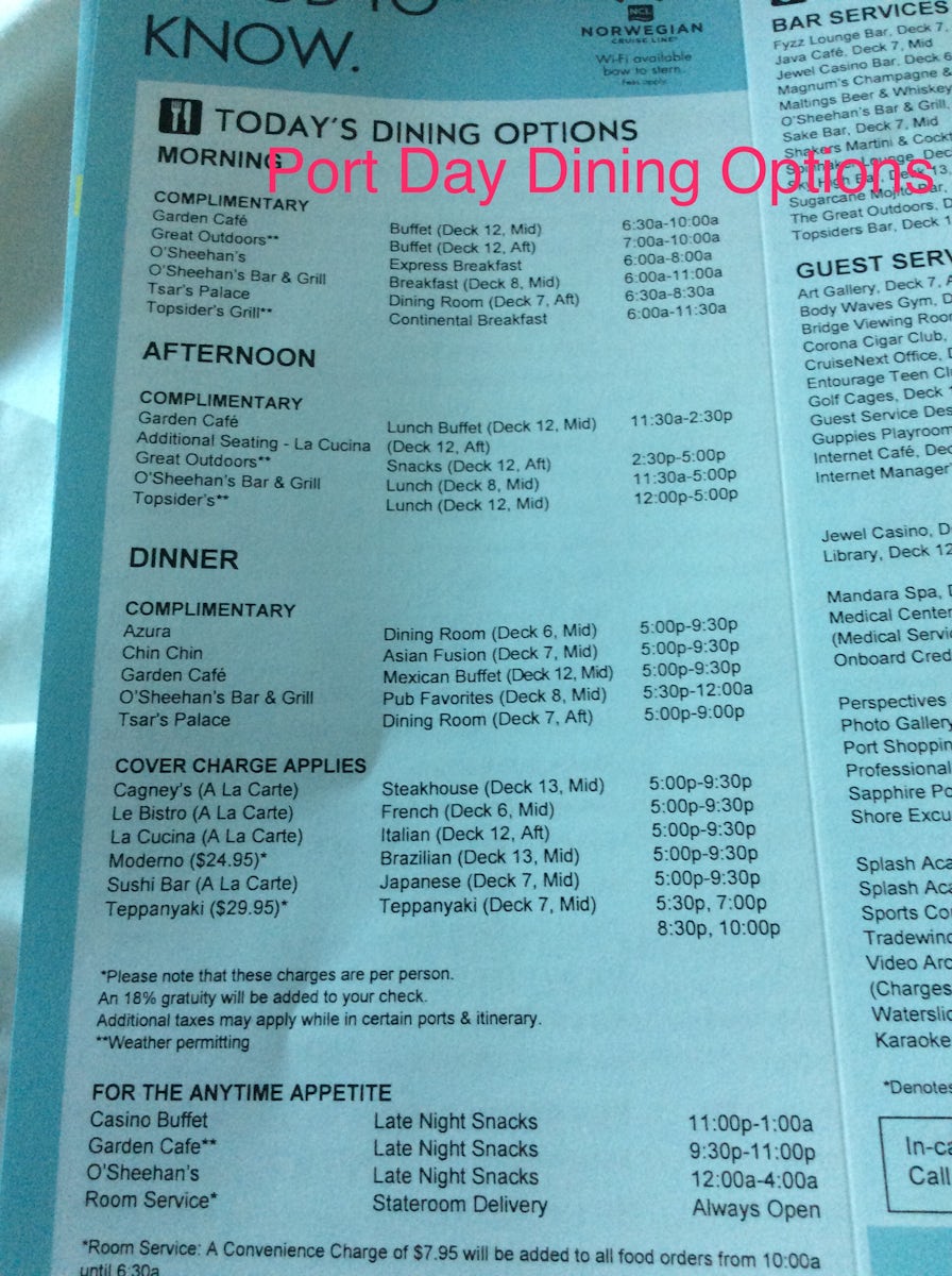 Port Day Dining options