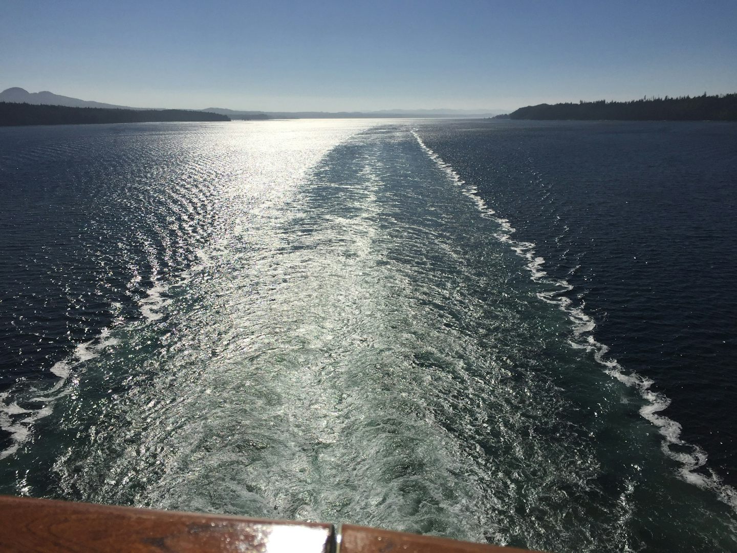 View from the aft balcony on cruise down the inside passage.