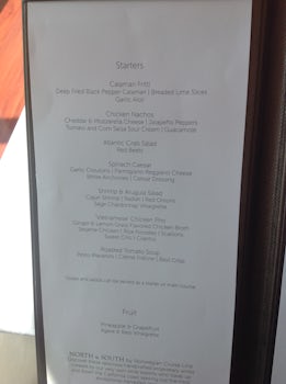 Menu in the dining room on embarkation