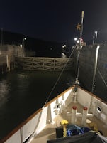 Our ship in a lock, ready to exit.  The first few locks were interesting.
