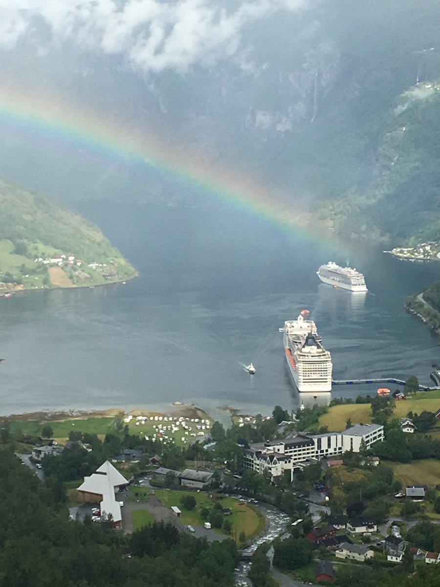 Geiranger, Norway.  The Viking Sea at the end of the Rainbow - our pot of g