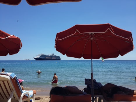 Hanging out at a beach in the Mediterranean with the ship in sight:-)