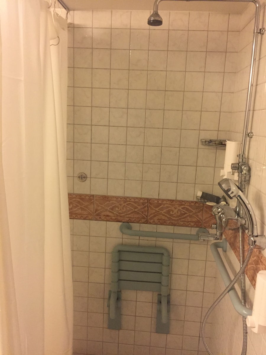Roll in Shower with two faucets. One removable and one overhead. Pull down seat.