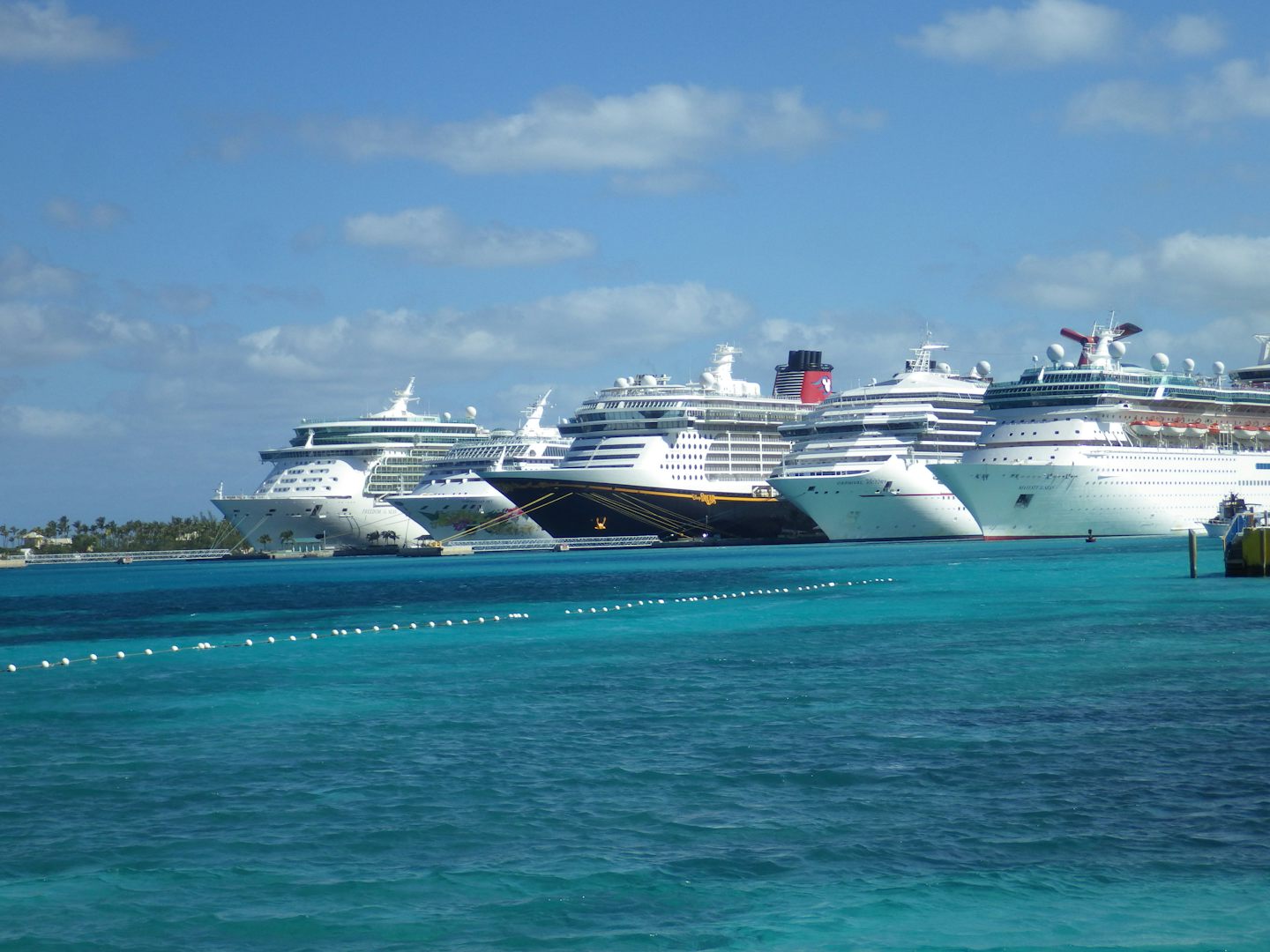 View of the ship at port in Nassau from the beach