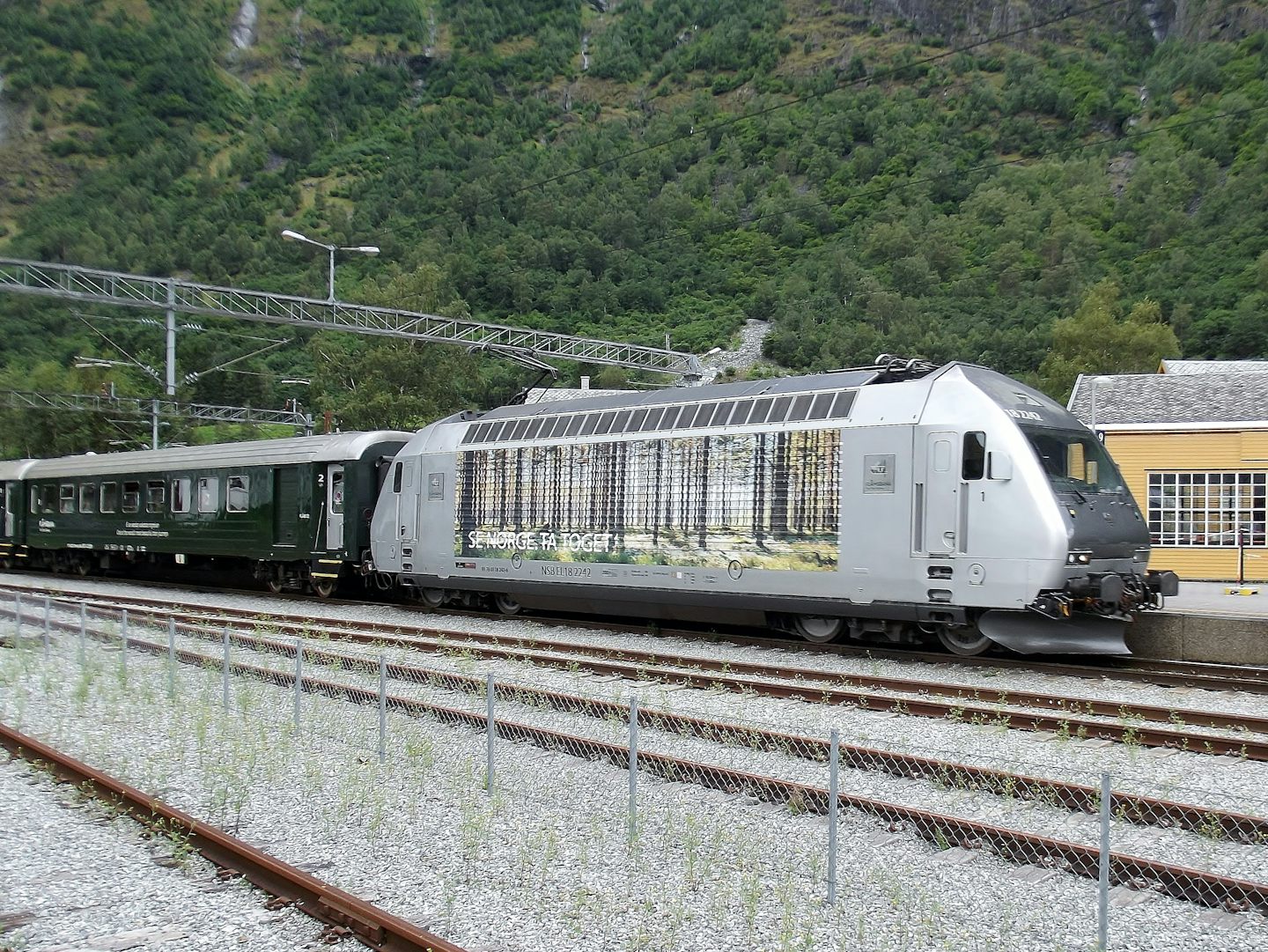 One of the Flamsbana (Flam Railway) trains arriving in Flam.