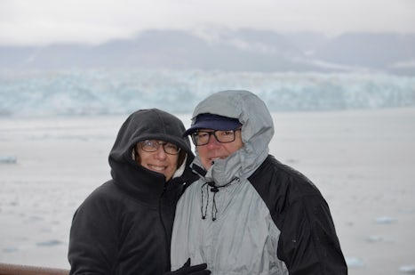 Hubbard Glacier -- many layers to stay warm and dry (including hat, gloves