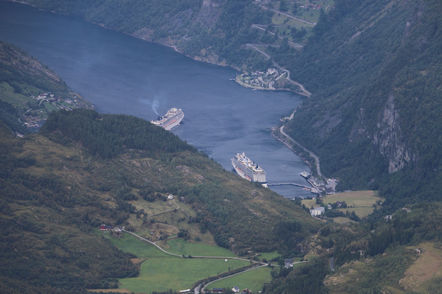 View from Mount Dalsinebba our ship + an MSC one in the fjord 5000 feet bel