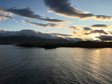 View from the veranda:  Sunrise and a calm sea as we cruised into Reykjavik