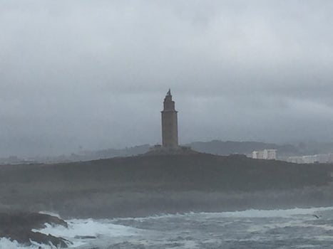 Tower of Hercules in La Coruna, from our cabin, a rough morning, but it got better!