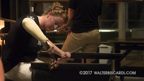 Corning Museum of Glass - Hot Glass Show.   Megan crafting a flower or palm