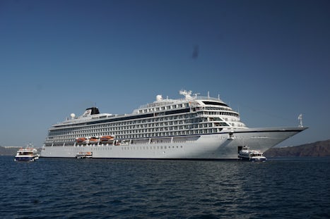 The Viking Star anchored offshore in Santoriini from the central peak of th
