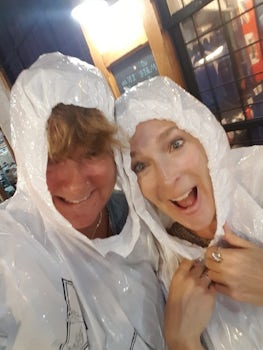 Me and my sister in our snazzy rain gear purchased at the Naval Dock before