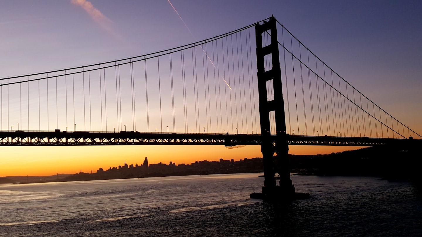 Cruising toward the Golden Gate Bridge and San Francisco at sunrise