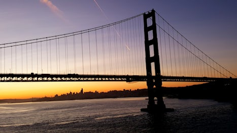 Cruising toward the Golden Gate Bridge and San Francisco at sunrise