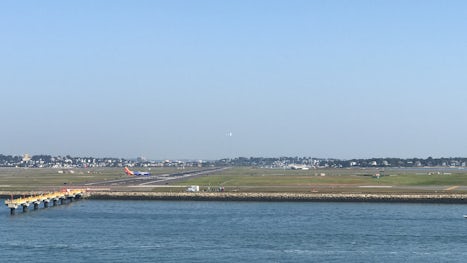 View of planes take off and landing (Boston Logan Airport)  from the QM2