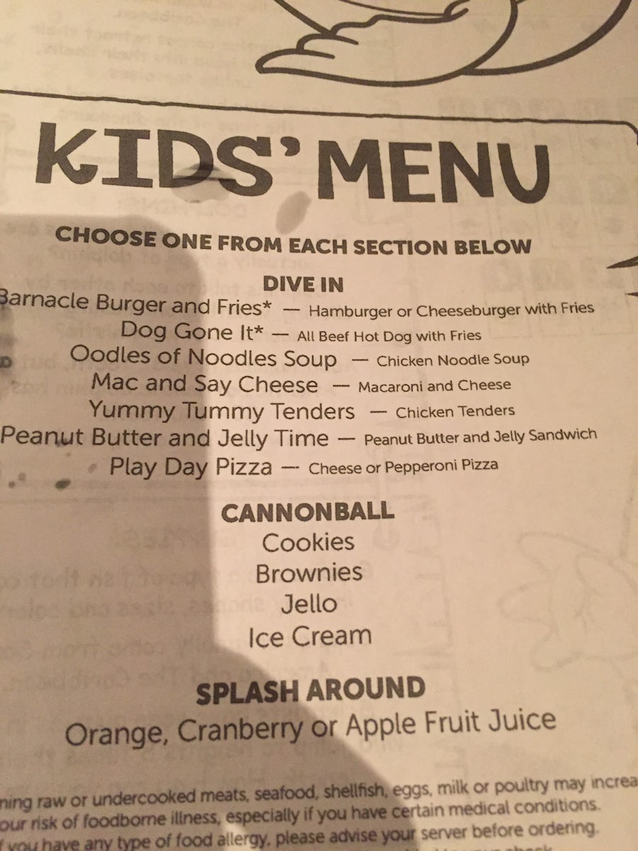 Kid's menu throughout the ship.