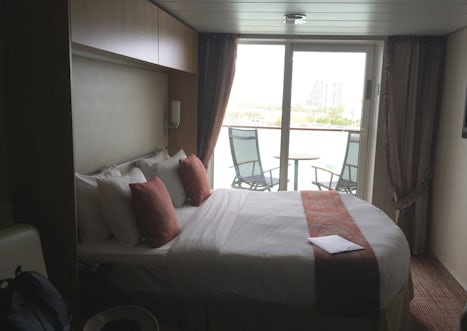 Balcony cabin 8323, taken from the level of the couch and showing the bed o