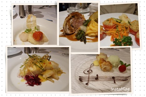 This a collage of a sampling of food aboard Avalon Impression.