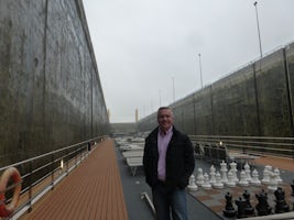 Top deck with the chess board as we are passing through a lock.