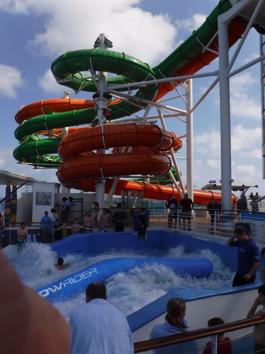 The water slides and the Flow Rider located on Deck 12 at the back of the s