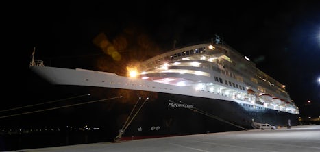 Prinsendam at dock in Dubrovnik after dark
