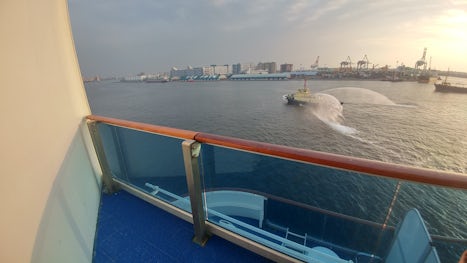 Water cannon for Princess's first turnaround sailing in Kaohsiung.
