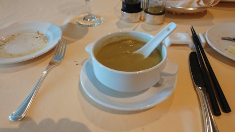 Ceramic spoon for cream soup. Another unique Asian cruise feature.