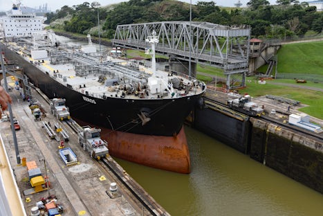 A tanker going through the Panama Canal with our ship.