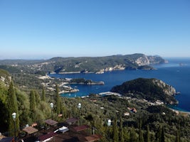 View on excursion on Corfu island to Palaiokastritsa resort area.