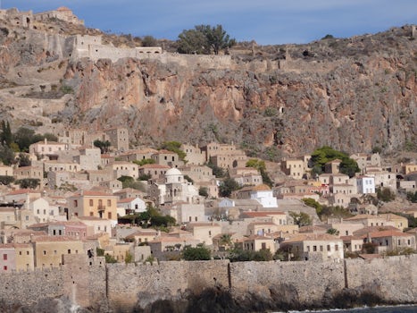 Monemvasia as seen from the ship; church of Agios Sophia on hilltop at left